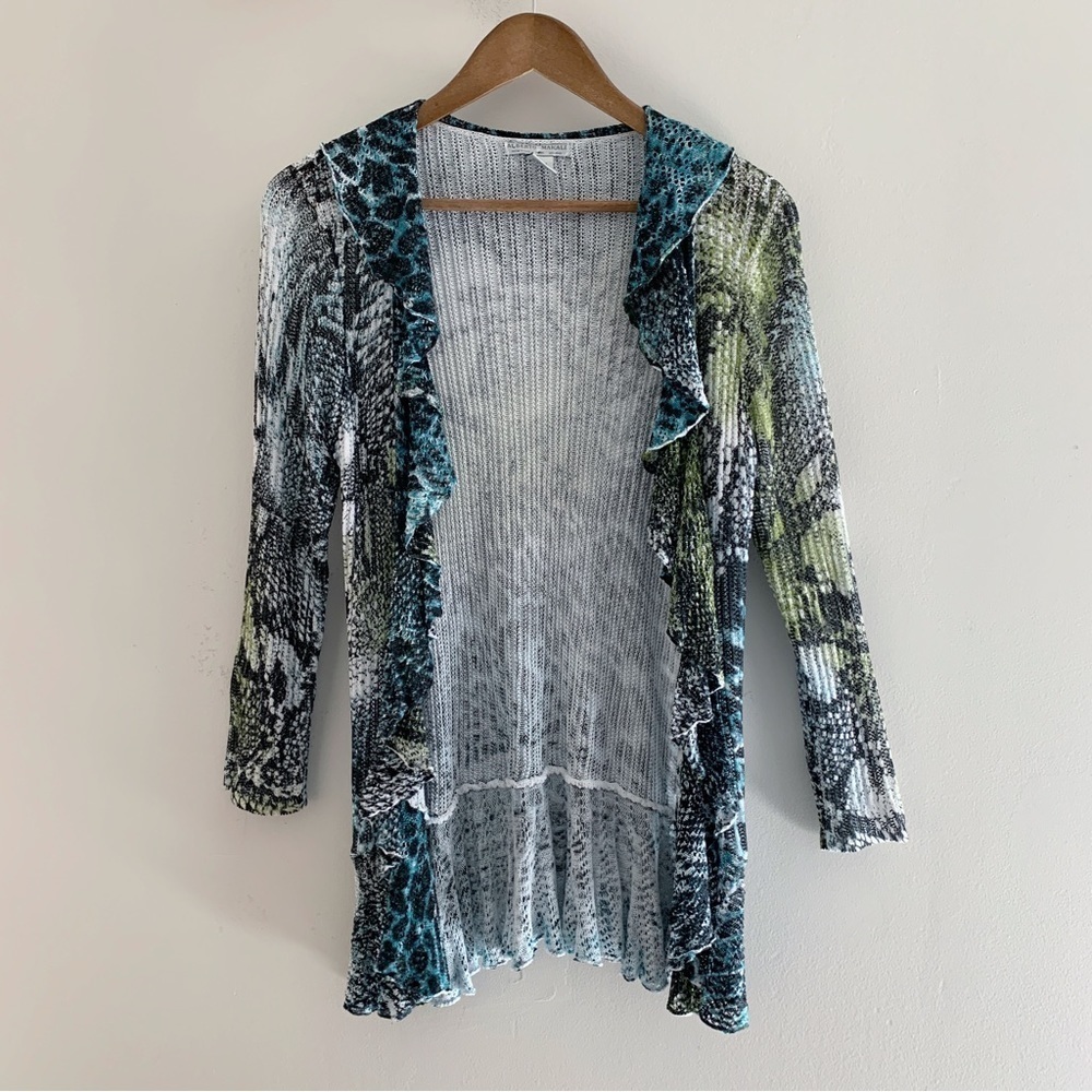 Alberto Makali Animal Print Ruffle Open Front Cardigan Sweater Medium